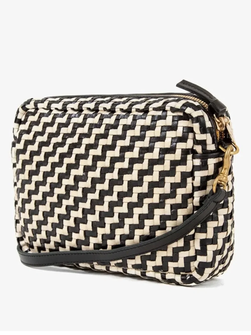 CLARE V Midi Sac Bag Black & Cream Woven Crossbody Pouch